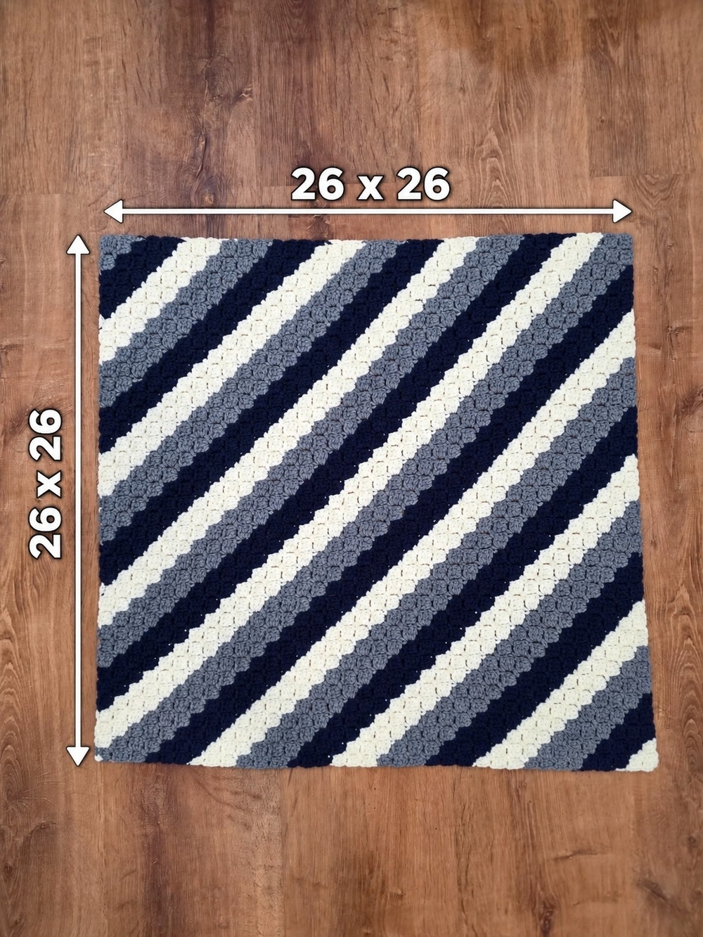 Handmade Crochet Throw Blanket Navy Blue Gray & Cream 26" x 26" Square